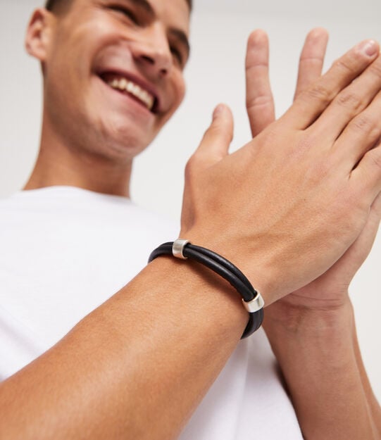 Double leather bracelet with 2 sterling silver plated circles, Silver, large